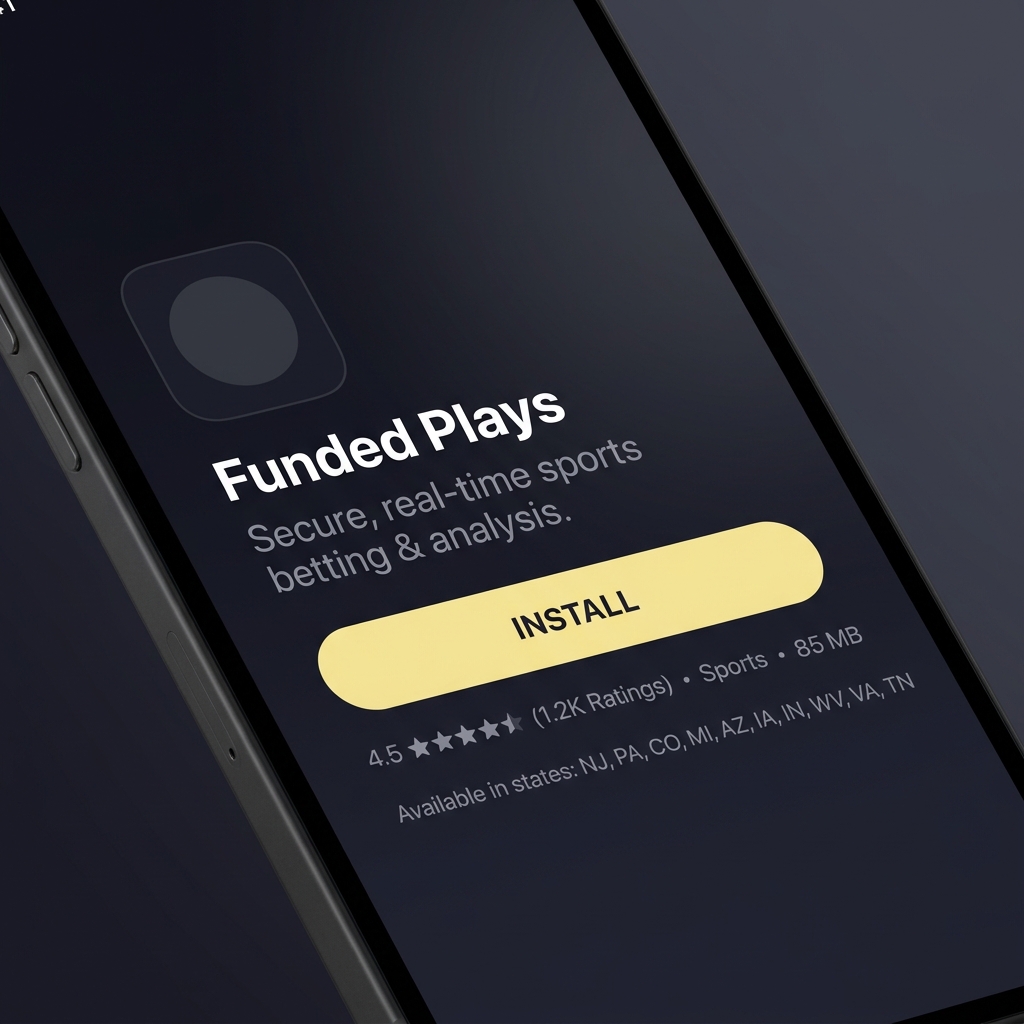 Close up smartphone showing an app store listing for most bet app placeholder with a visible available in states line minimalist Funded Plays dark theme