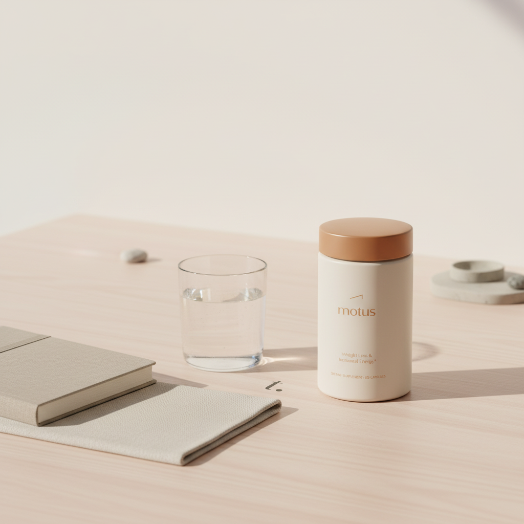 Minimalist lifestyle photo of a Tonum supplement jar on a wooden table beside a journal, glass of water, and neutral linen, illustrating ashwagandha pregnancy healthy routine and nutrition.