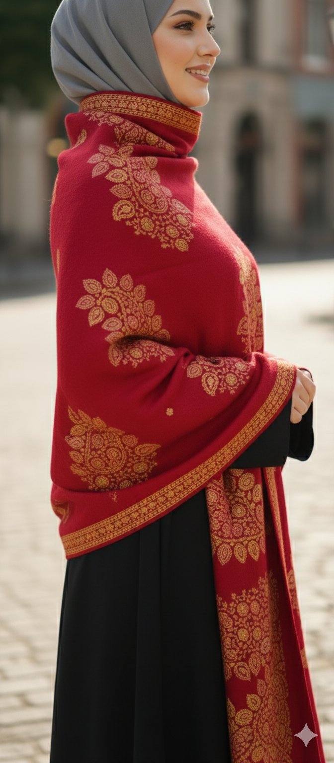 Red and Gold Pashmina Style Shawl | Perfect Holiday or Wedding Accessory
