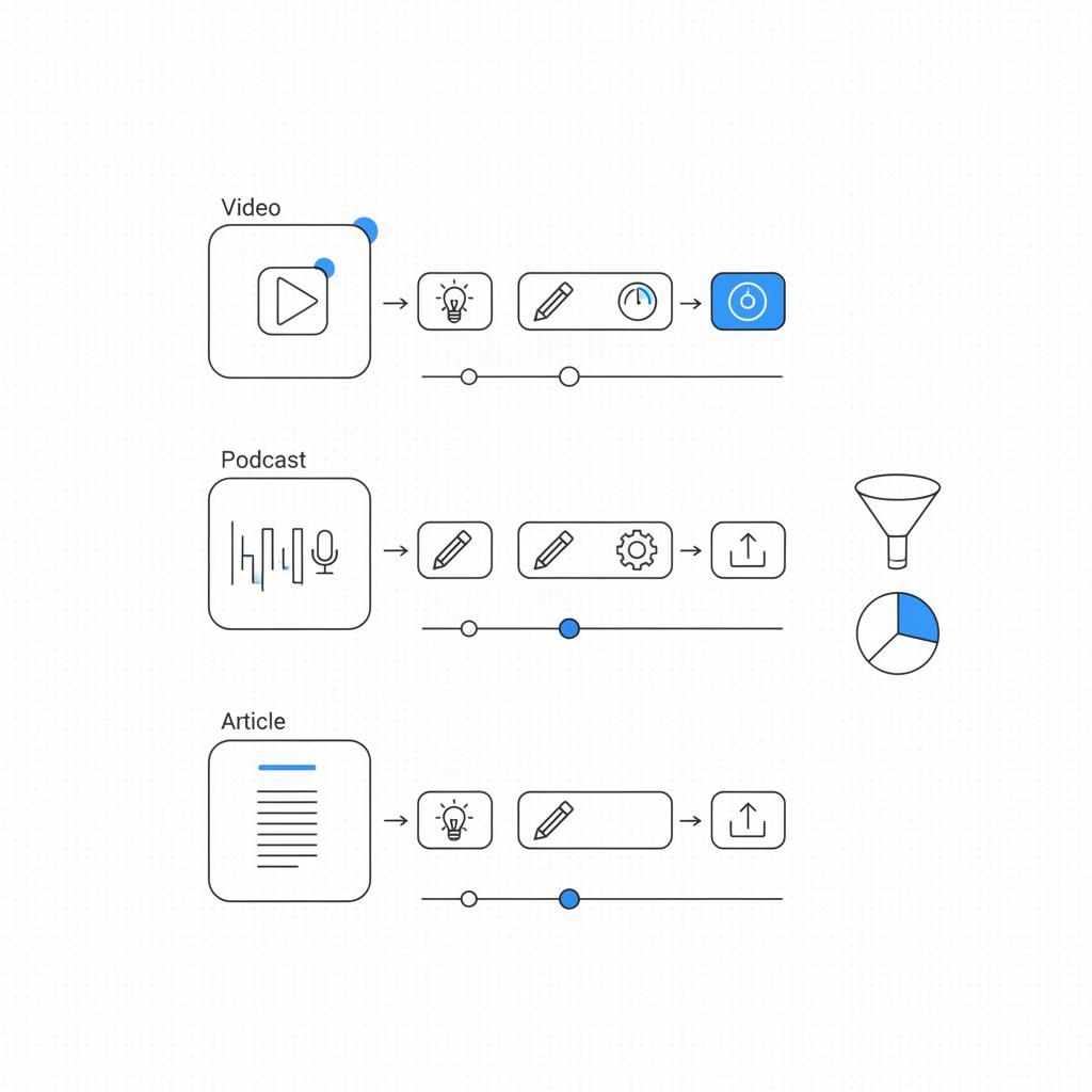 Notebook-style vector storyboard of video, podcast and article thumbnails arranged as a minimalist production plan for multi-channel personal branding, showing personal branding consultant cost.