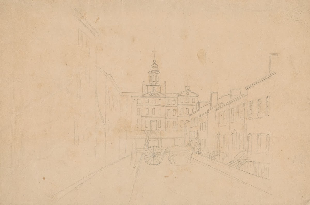 Residential street scene in unidentified city with public building with steeple