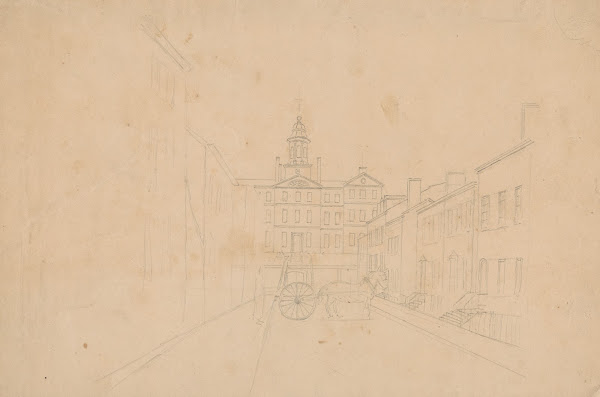 Residential street scene in unidentified city with public building with steeple