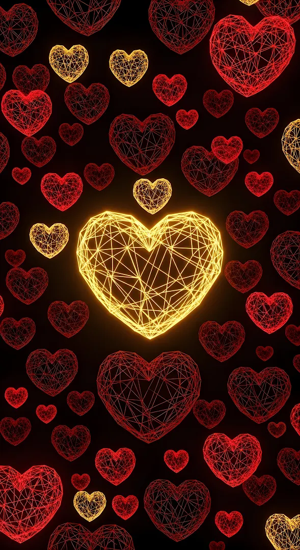 Glowing Wireframe Hearts Pattern Red and Gold Neon