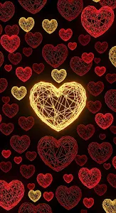 Glowing Wireframe Hearts Pattern Red and Gold Neon