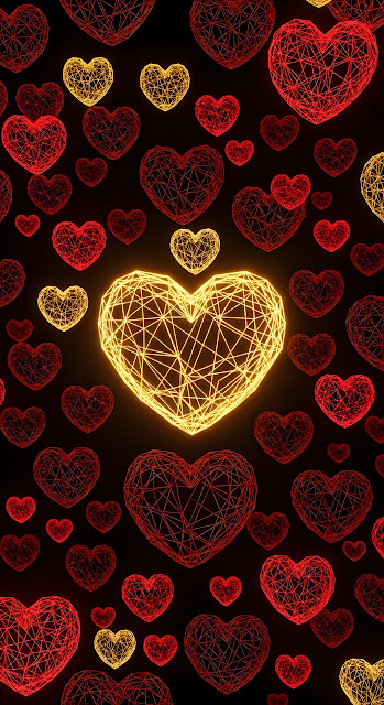 Glowing Wireframe Hearts Pattern Red and Gold Neon - Free mobile Wallpaper