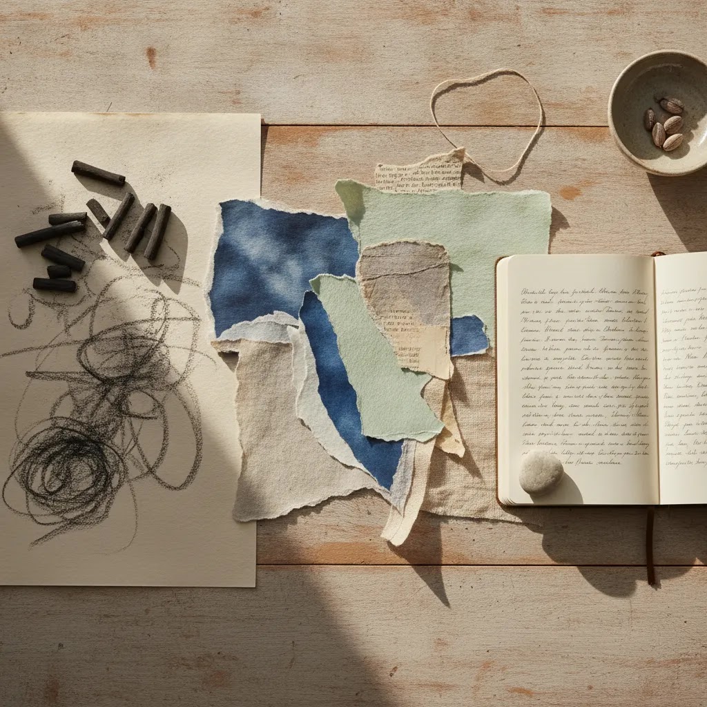 What is expressive arts therapy shown through a multi-modal creative process on a warm, minimal workspace