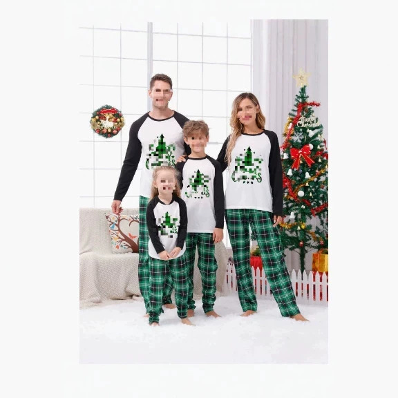 Weihnachts-Familien-Schlafanzug-Set mit Karomuster, langärmelig
