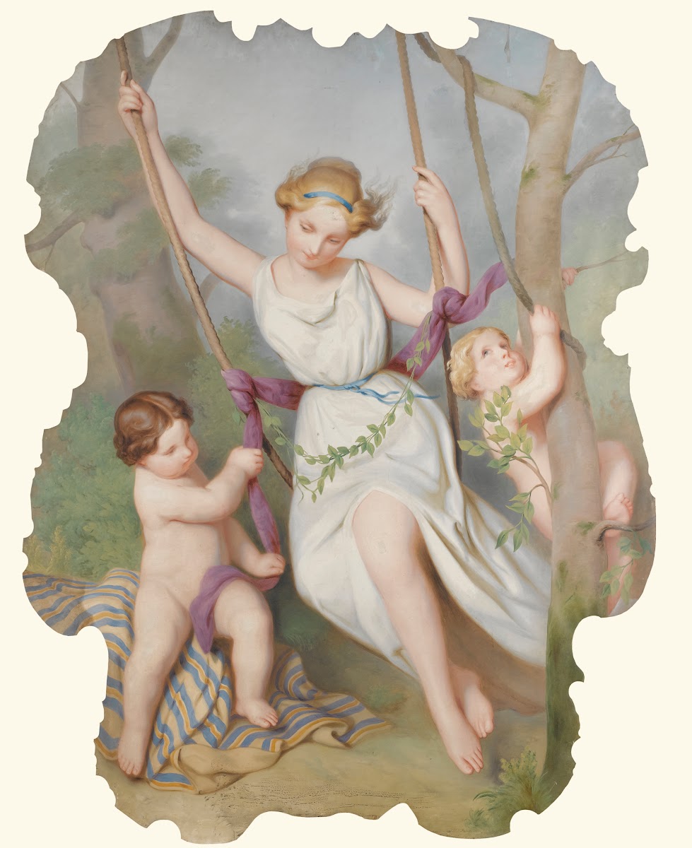 Girl On A Swing With Two Children 19th Century