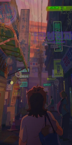 Korean Street, Cartoon, Neon Lights, Cityscape 4K Wallpaper Background