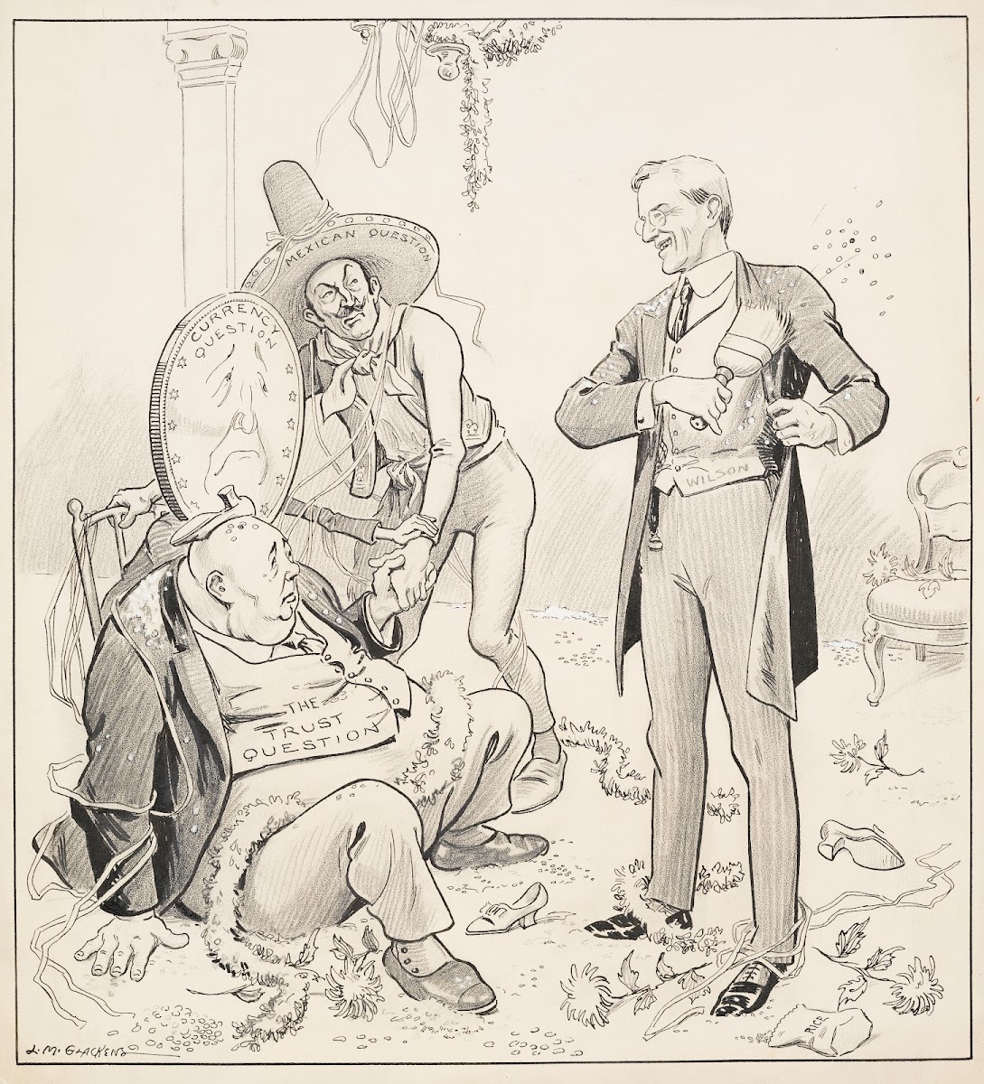 A smiling President Woodrow Wilson brushes himself off after a wedding party and