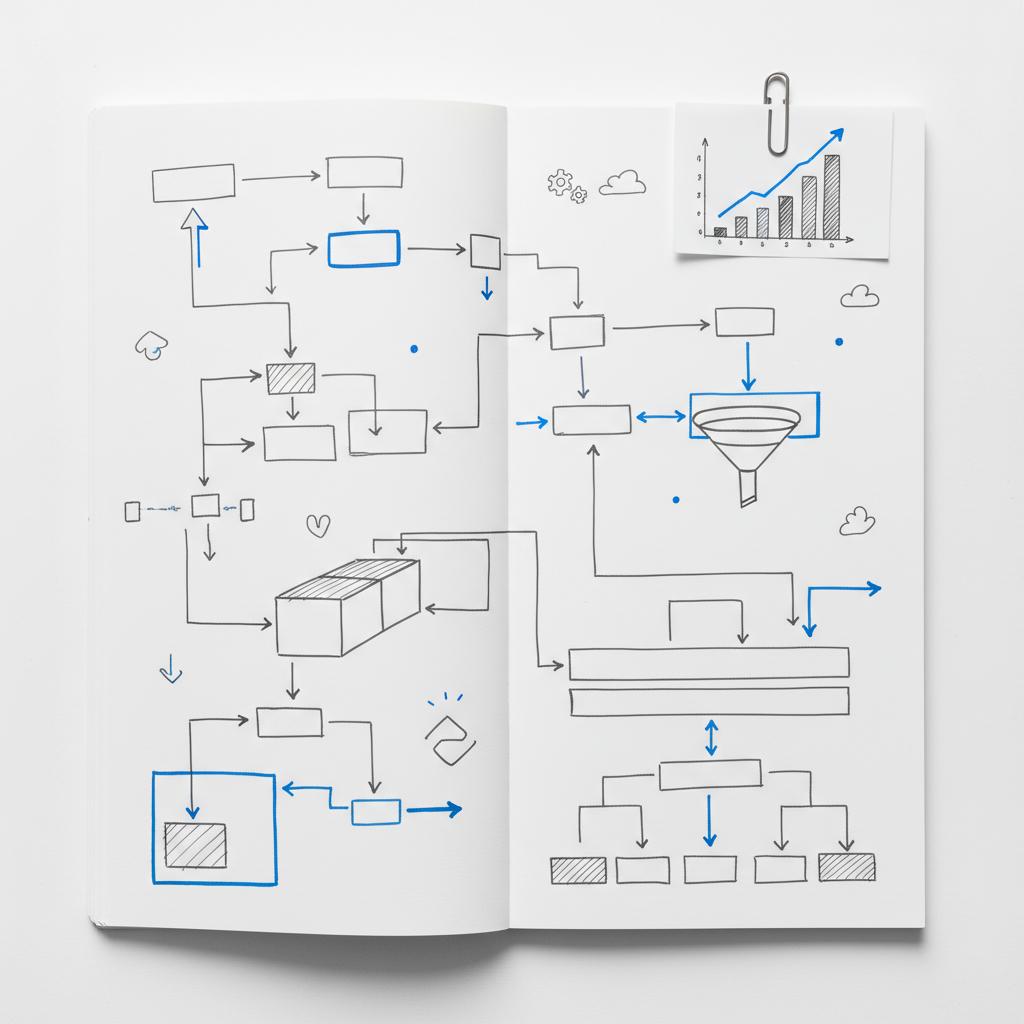 Close-up notebook page with sketched campaign flowcharts and a small printed chart showing rising metrics, minimalist palette and #1a5bfb accents mentioning average PPC management fee