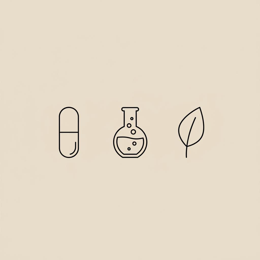 Minimalist vector line illustration of a capsule, lab beaker with bubbles, and leaf on beige background, evoking science-backed wellness for the most trusted supplement brand.