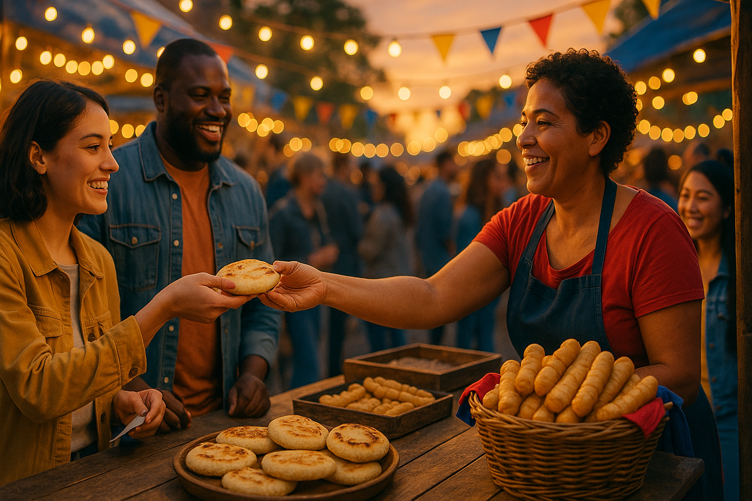 Emprendedores venezolanos en una feria multicultural compartiendo comida y sonrisas