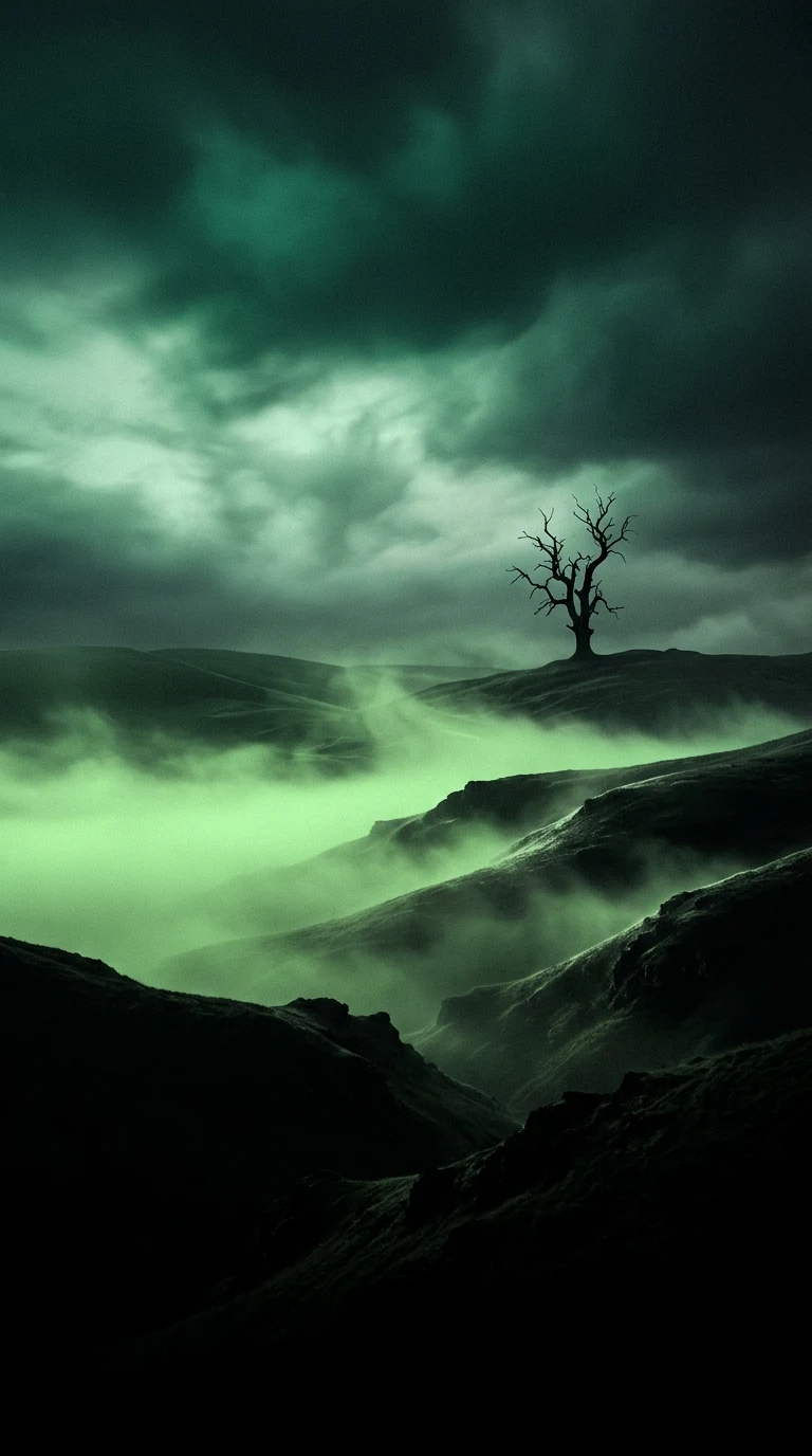 Eerie Green Foggy Hill and Lone Tree Moody Mobile Wallpaper - Free 4K mobile Wallpaper