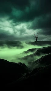 Eerie Green Foggy Hill and Lone Tree Moody Mobile Wallpaper