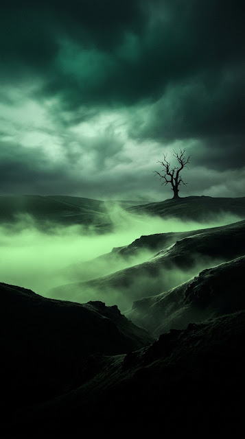 Eerie Green Foggy Hill and Lone Tree Moody Mobile Wallpaper - Free mobile Wallpaper