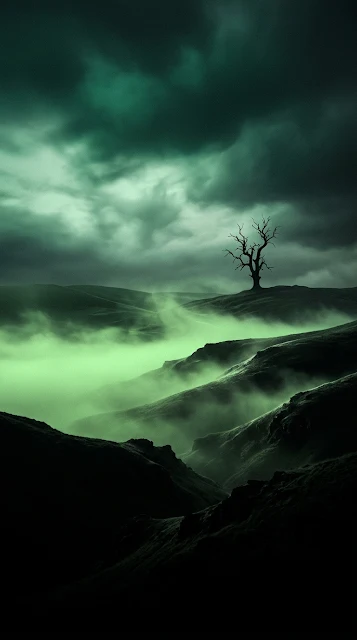 Eerie Green Foggy Hill and Lone Tree Moody Mobile Wallpaper