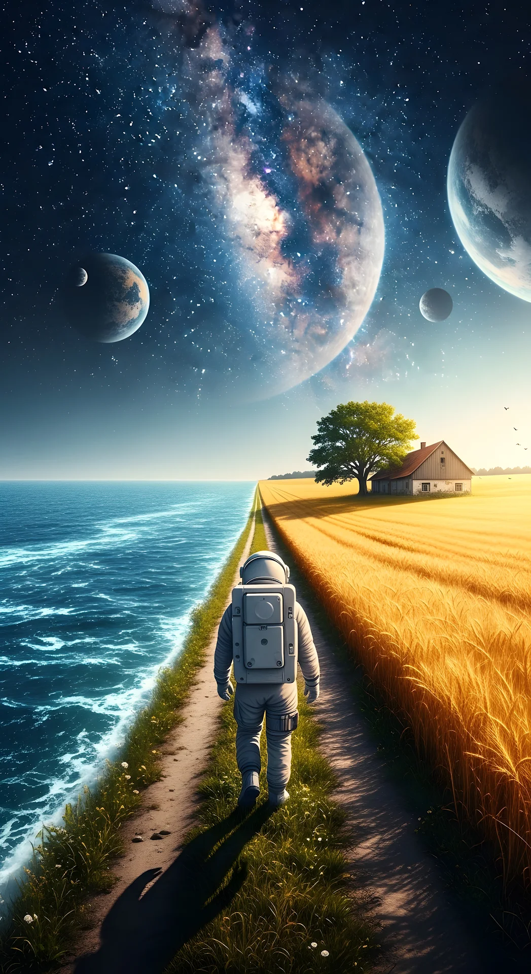Astronaut Walking Between Ocean and Wheat Field Under Galaxy - Free 4K mobile Wallpaper