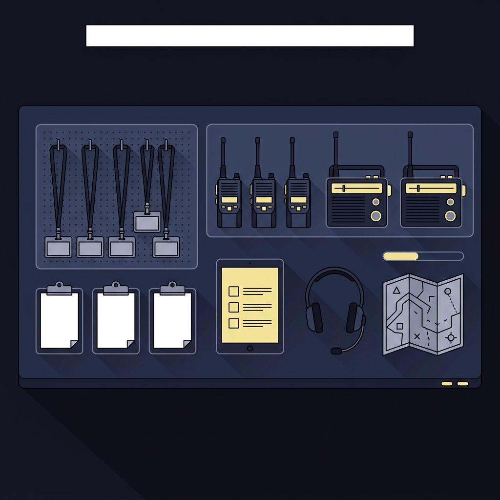 Minimalist 2D vector of an event operations desk with radios lanyards clipboards and a tablet representing Building a Golf Tournament Research Checklist