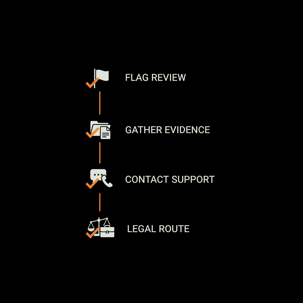 Minimal vector checklist infographic on black background showing steps to remove bad Google review: flag review, gather evidence, contact support, legal route, in brand colors.