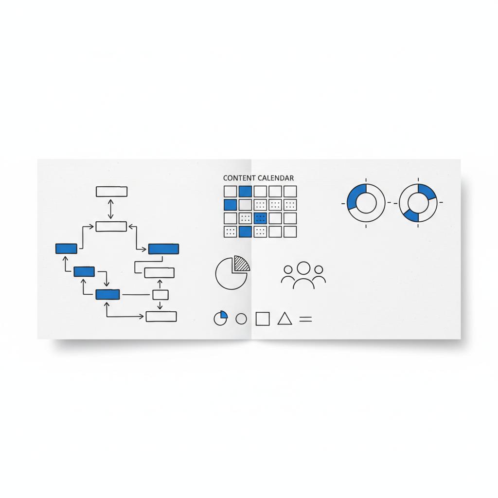 Minimalist vector notebook spread showing customer touchpoint flowcharts, a biweekly content calendar, and circular measurement charts in Agency Visible colors for pay-per-click.