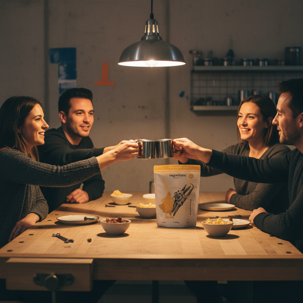 Nahaufnahme warmer familiärer Abend: Hände beim Anstoßen über Holzoberfläche mit metallischen Accessoires, intime, realistische Stimmung – alternativen zu jochen schweizer