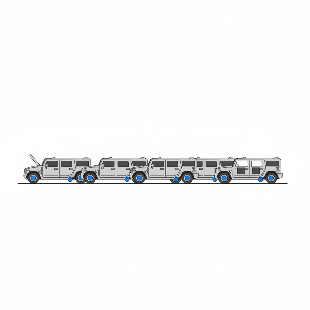 Minimalist 2D vector aisle with multiple donor Hummer H2 vehicles marked by blue status tags indicating available parts hummer h2 for sale