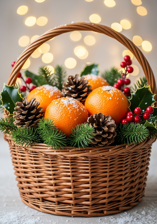Christmas Basket Tangerines Pine Cones Snow