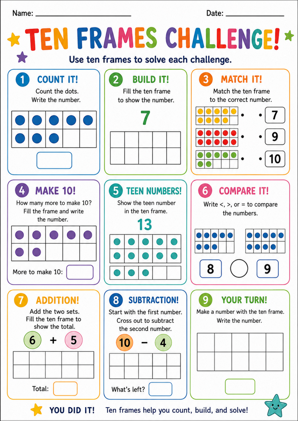 Ten Frames Challenge Worksheet
