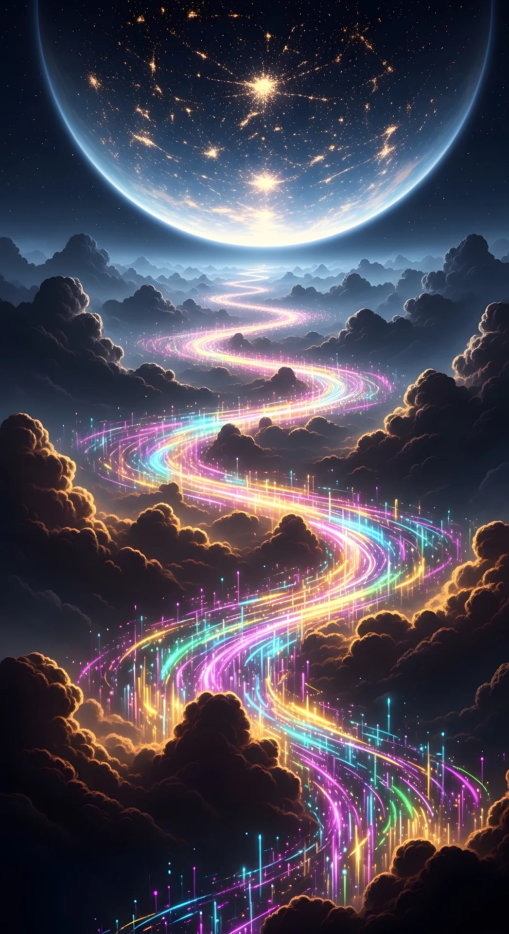 Neon Data Stream River Flowing Through Cosmic Night Clouds - Free 4K mobile Wallpaper