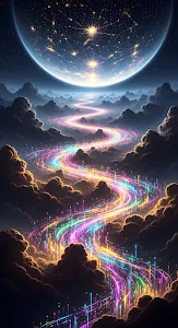 Neon Data Stream River Flowing Through Cosmic Night Clouds