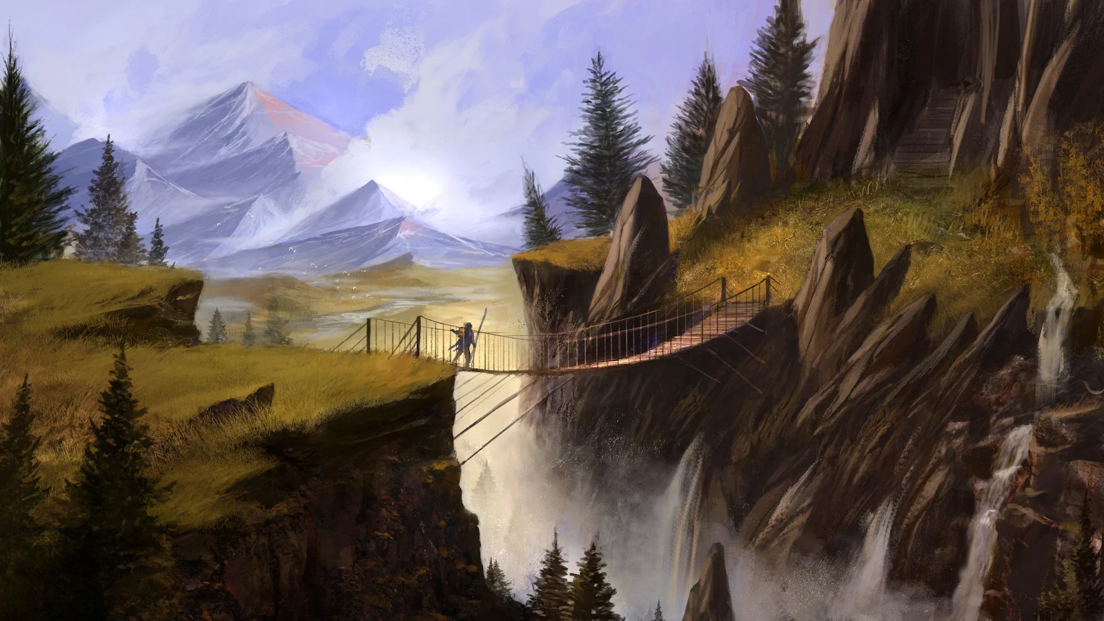 Mountain Bridge Over Waterfall Chasm - Digital Concept Art 4K Wallpaper (4096x2304)