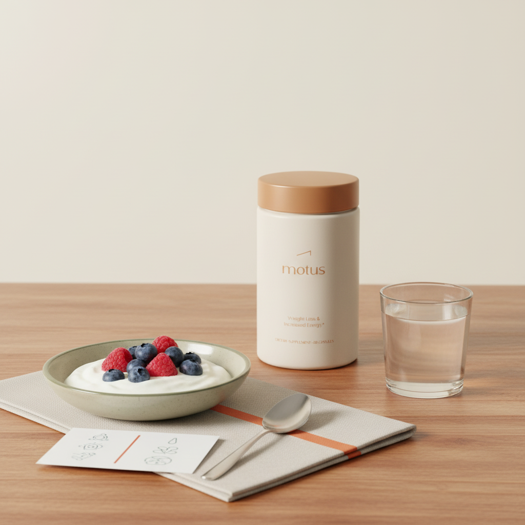 Minimal still-life of Tonum Motus bottle beside Greek yogurt with berries and a glass of water on a wooden table, suggesting a daily routine for how to fix slow metabolism