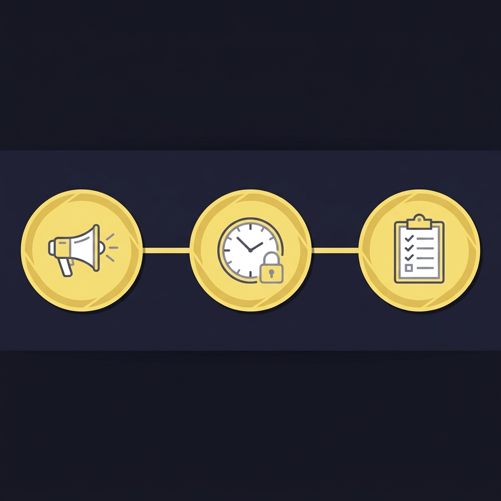 Minimalist 2D vector timeline with three icons for starter announcements megaphone contest lock time clock with lock and lineup updates clipboard in Funded Plays colors Why Starting Goalies Matter So Much
