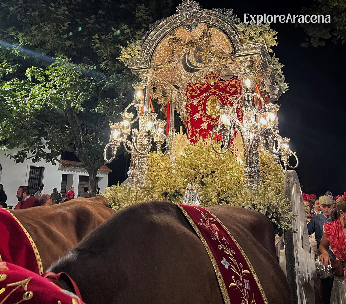 Oxen pulling an illuminated silver carreta through the nighttime Romería de la Reina de los Ángeles.