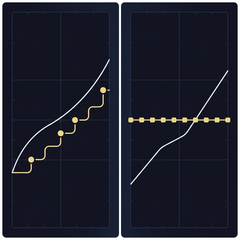 Side by side 2D vector comparison of a trailing stop following a rising line and a fixed horizontal percent cap threshold illustrating Maximum Drawdown Rules and Why They Matter