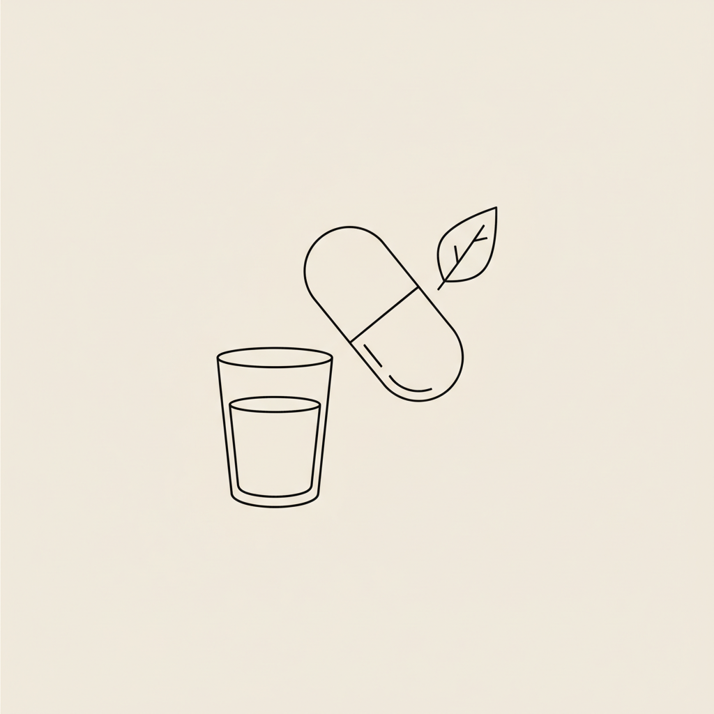 Minimalist line illustration of a capsule, leaf, and water glass on beige background representing weight loss pills, hydration and healthy weight management