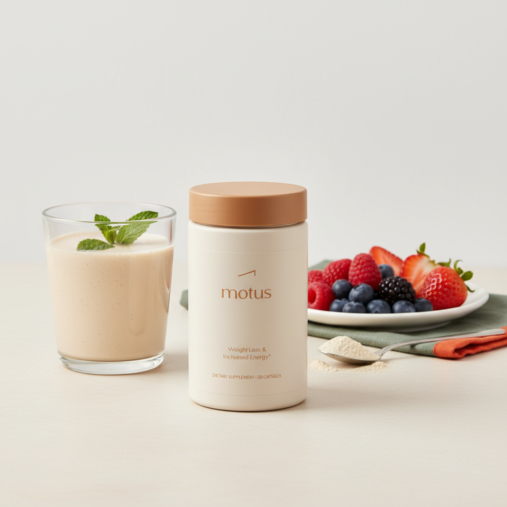 Motus container beside a prepared glass of meal replacement shakes for weight loss on a neutral countertop with mixed berries and a teaspoon of powdered mix, minimalist Tonum styling.