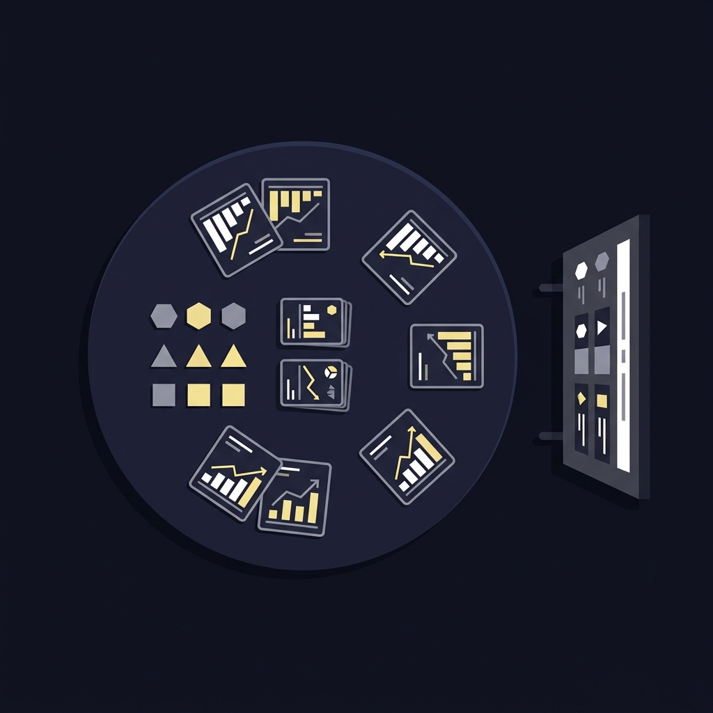 Minimalist 2D vector top down view of a round table with consensus forecast cards geometric team chips and a clean odds board in Funded Plays dark palette representing nfl betting advice