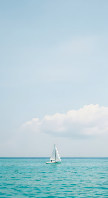 Minimalist Photograph of a White Sailboat on a Calm Turquoise Ocean Under a Soft Sky - Free mobile Wallpaper