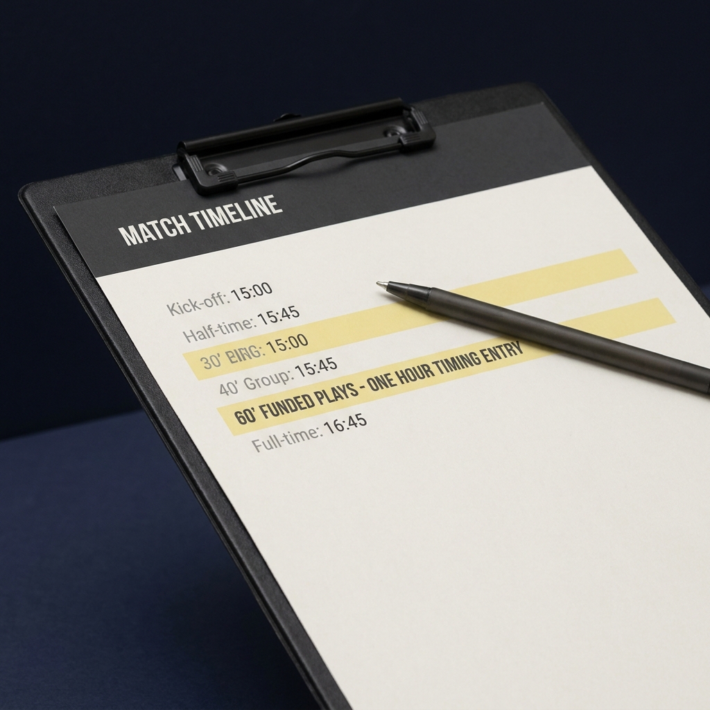 Fulham prediction team sheet close up on clipboard with pen showing one hour timing highlighted in pale yellow Funded Plays accent against dark navy background
