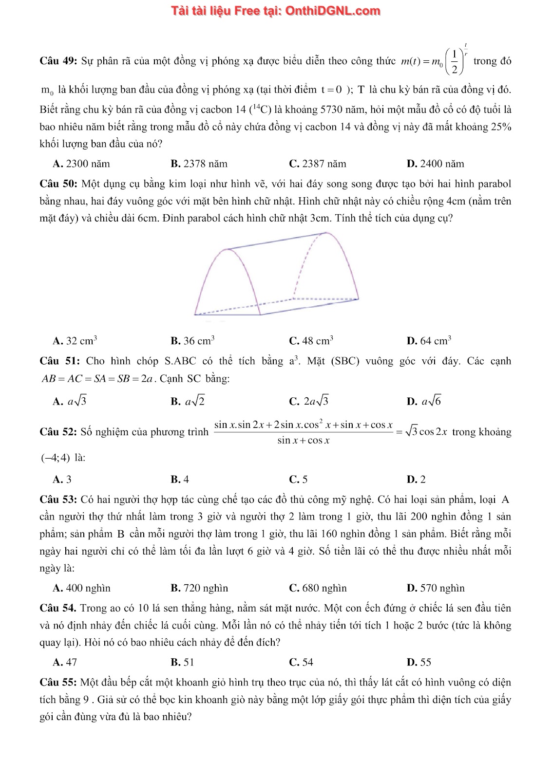 475 bài tập môn Toán - Ôn thi ĐGTD ĐH Bách Khoa Hà Nội Phần 11