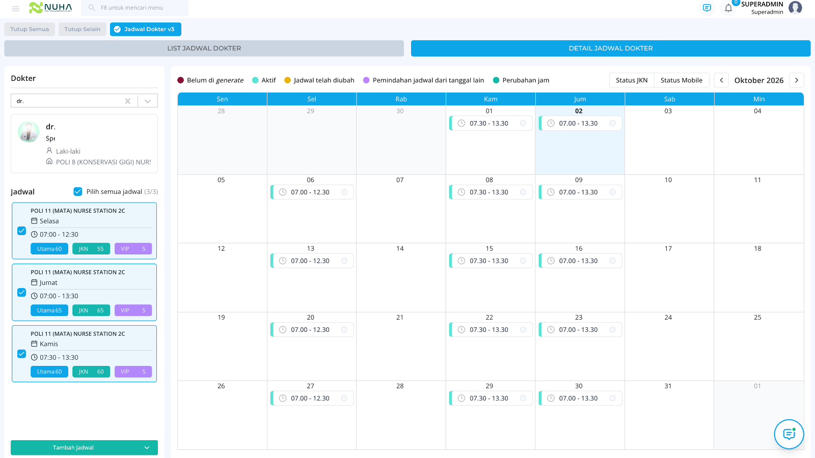 Tampilan fitur Jadwal Dokter pada Modul HR-Dokter NUHA