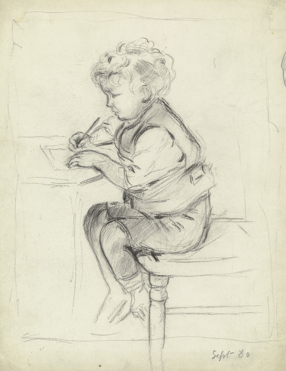 Schreibender Knabe im Profil nach links 1880
