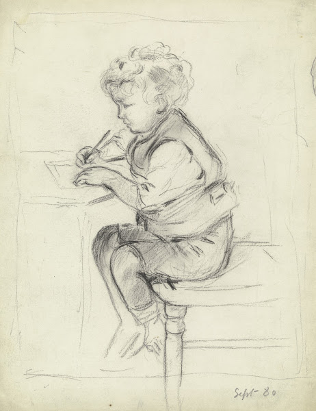 Schreibender Knabe im Profil nach links 1880