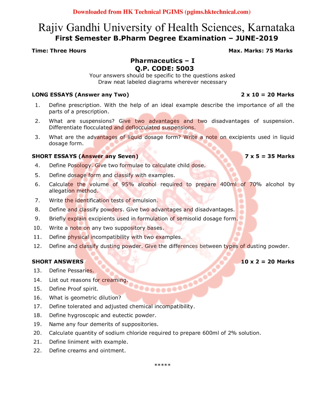 Pharmacetices RGUHS 1st Semester B.Pharmacy Previous Year's Question Paper,BP103T Pharmaceutics-I,BPharmacy,Previous Year's Question Papers,BPharm 1st Semester,