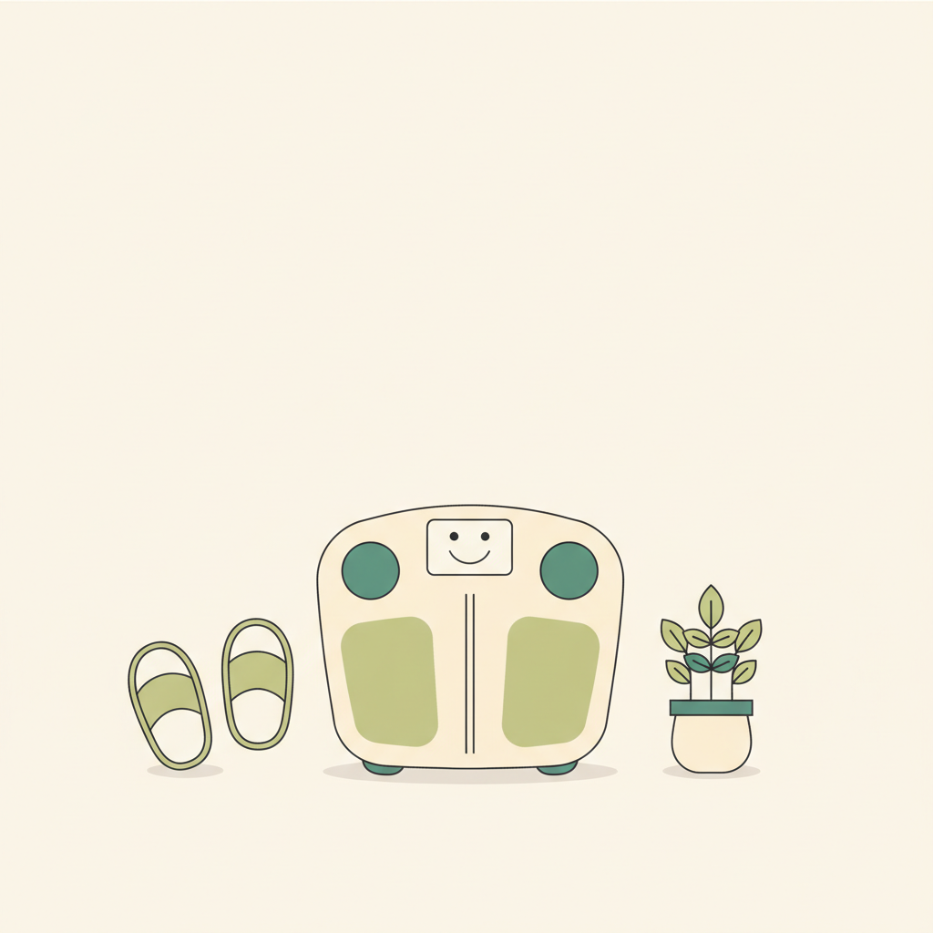 Minimalistische 2D-Vektorillustration einer Waage mit Smiley-Display, süßen Pantoffeln und kleiner Topfpflanze in Vegardians-Farben, geeignet für pflanzenbasierter ernährungsplan