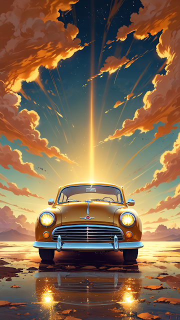 Vintage Car Under Cosmic Sunset Beam - Free mobile Wallpaper
