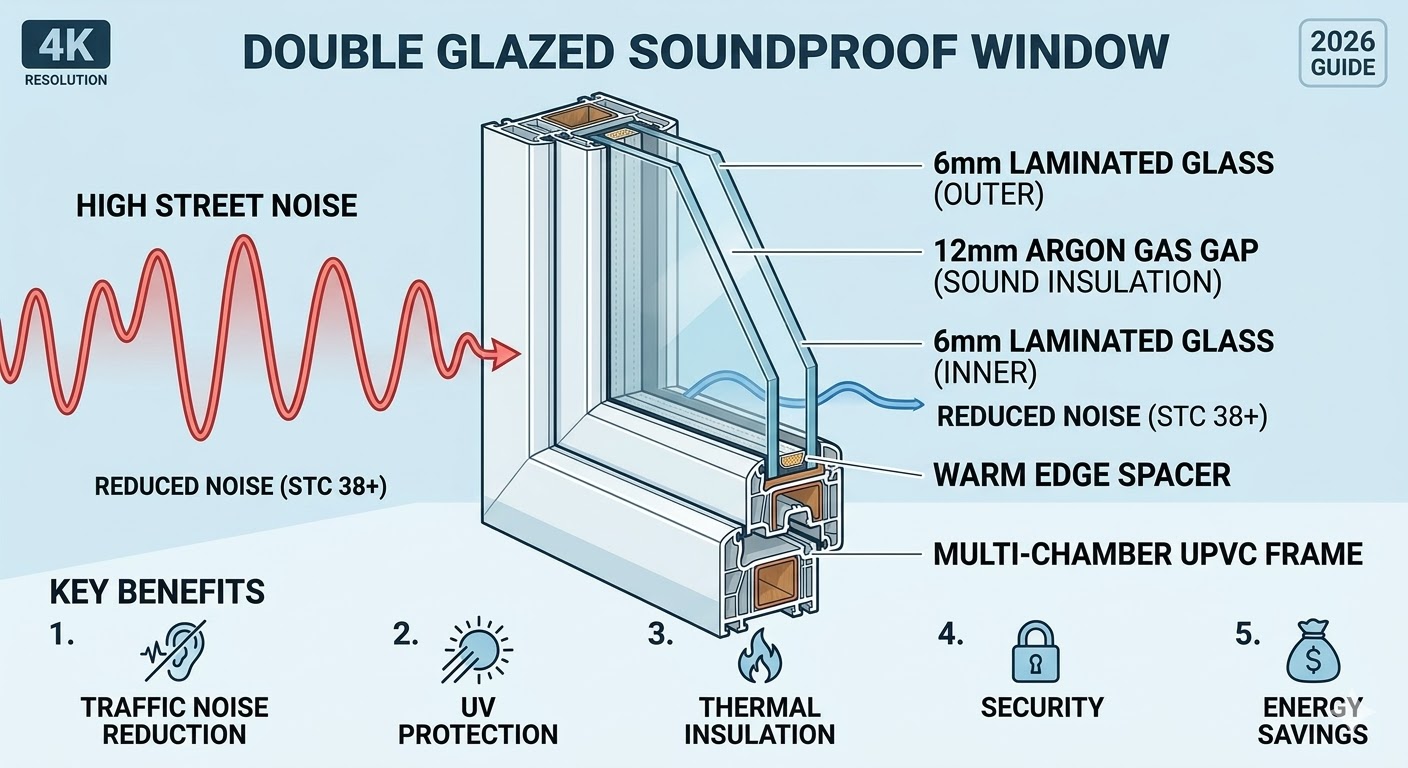 A technical diagram cross-section of a double-glazed soundproof UPVC window for a Delhi flat. Clearly labels 6mm outer glass, 12mm argon gas gap, and multi-chamber frame.
