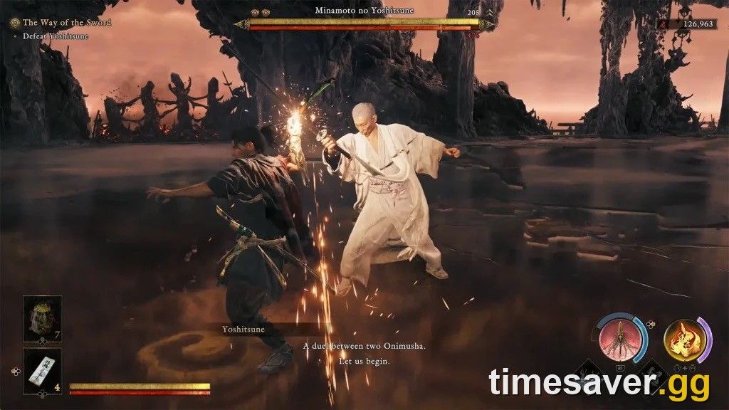 Musashi clashing swords with Yoshitsune in a shower of sparks, the "Defeat Yoshitsune" objective on screen, in Onimusha: Way of the Sword
